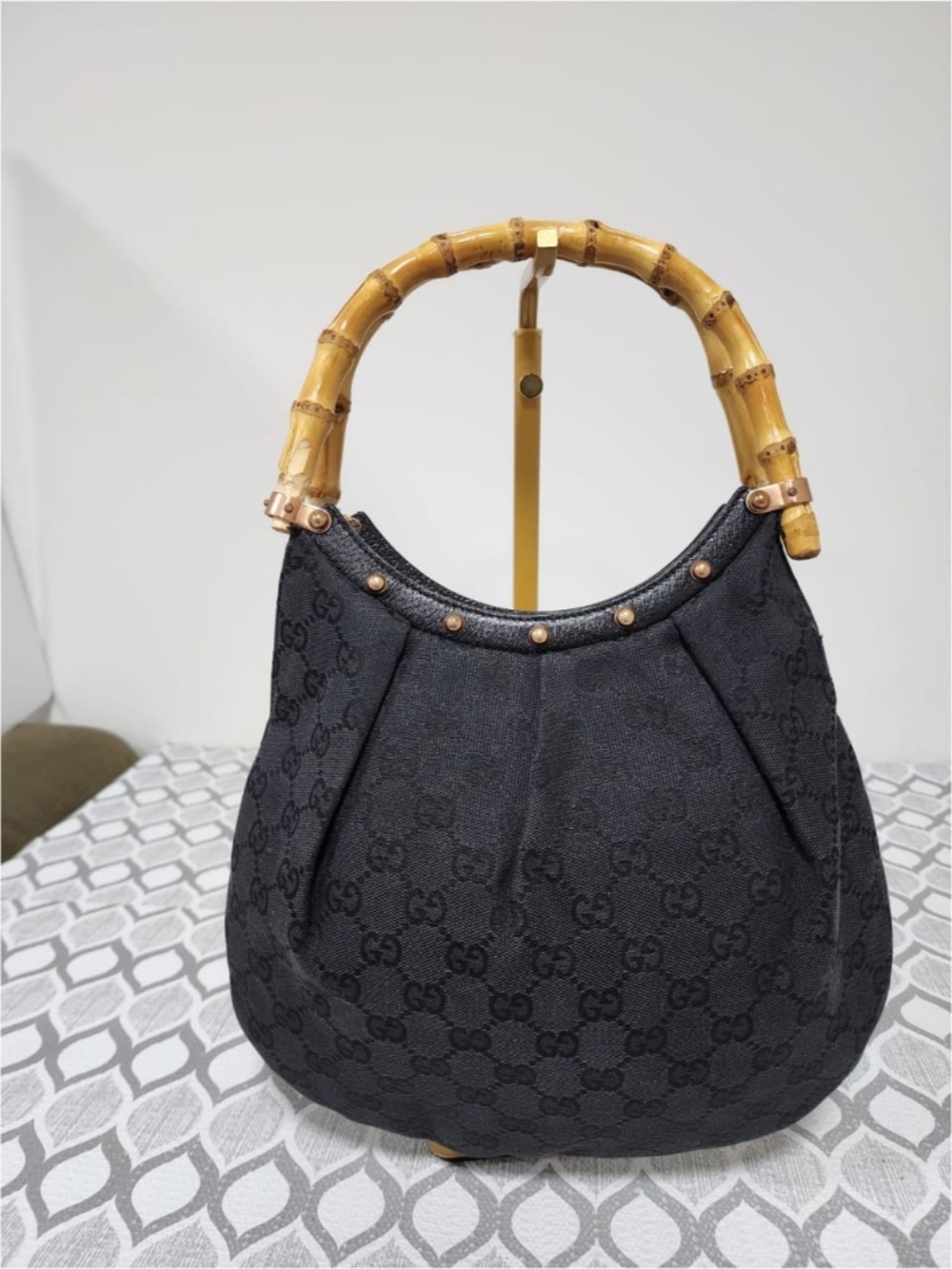 Authentic Gucci Bamboo Canvas Hobo Bag Black - Picture 9 of 9